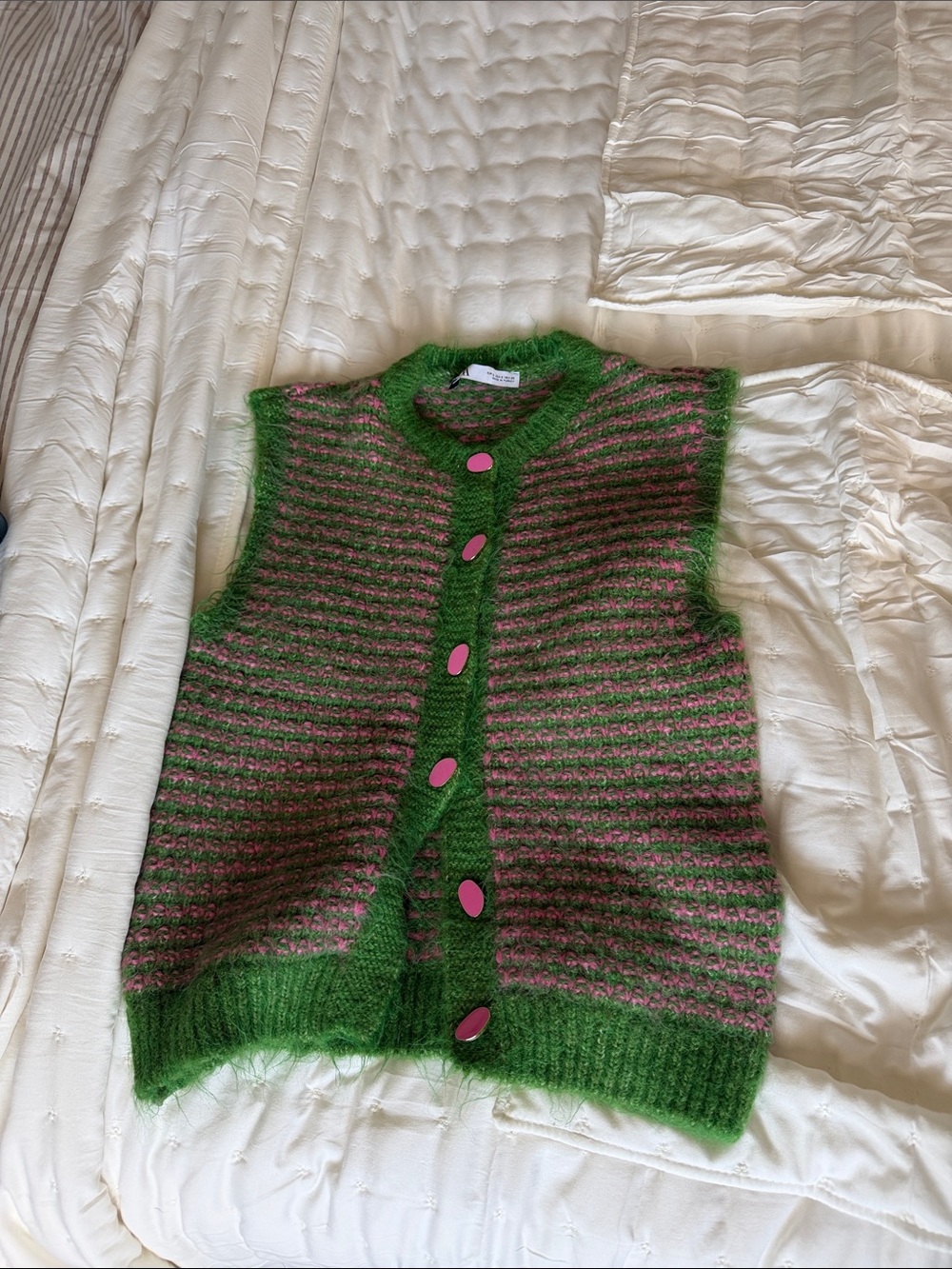 Zara Green and Pink Fuzzy Striped Button Vest